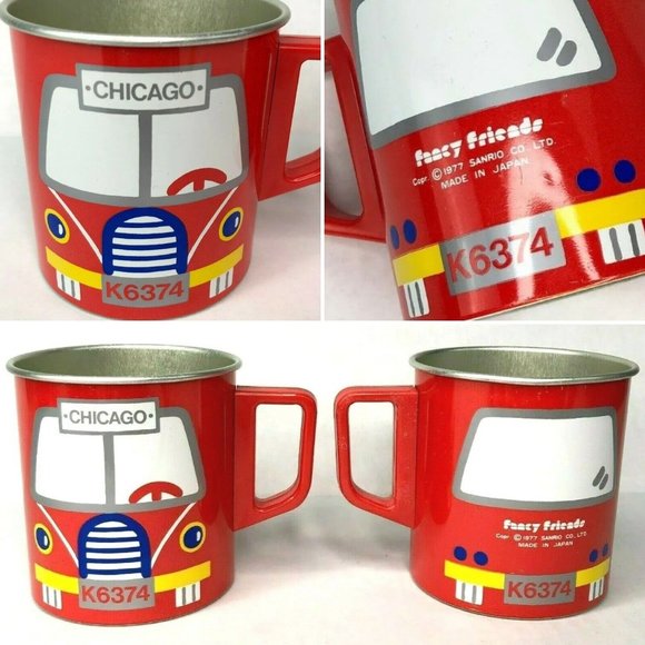Sanrio Fancy Friends Vtg 2 Tin Cup Bundle Red Bus Chicago 1977 Japan Made Kawaii - Picture 1 of 9